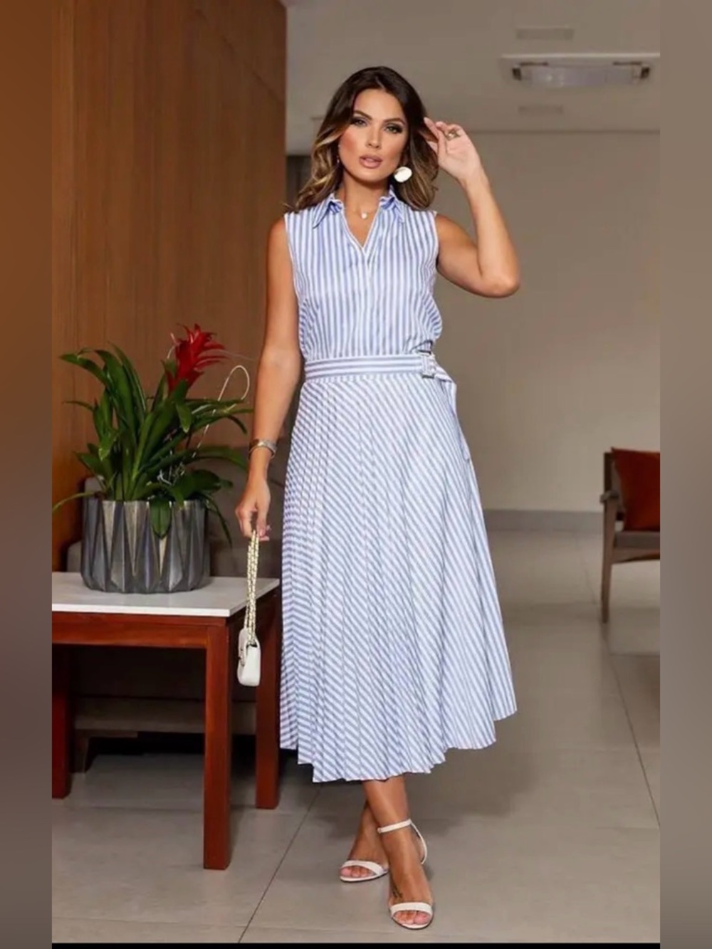 Sleeveless Blue & White Striped Belt Detail Shirt and Skirt Set Sz L(smaller)